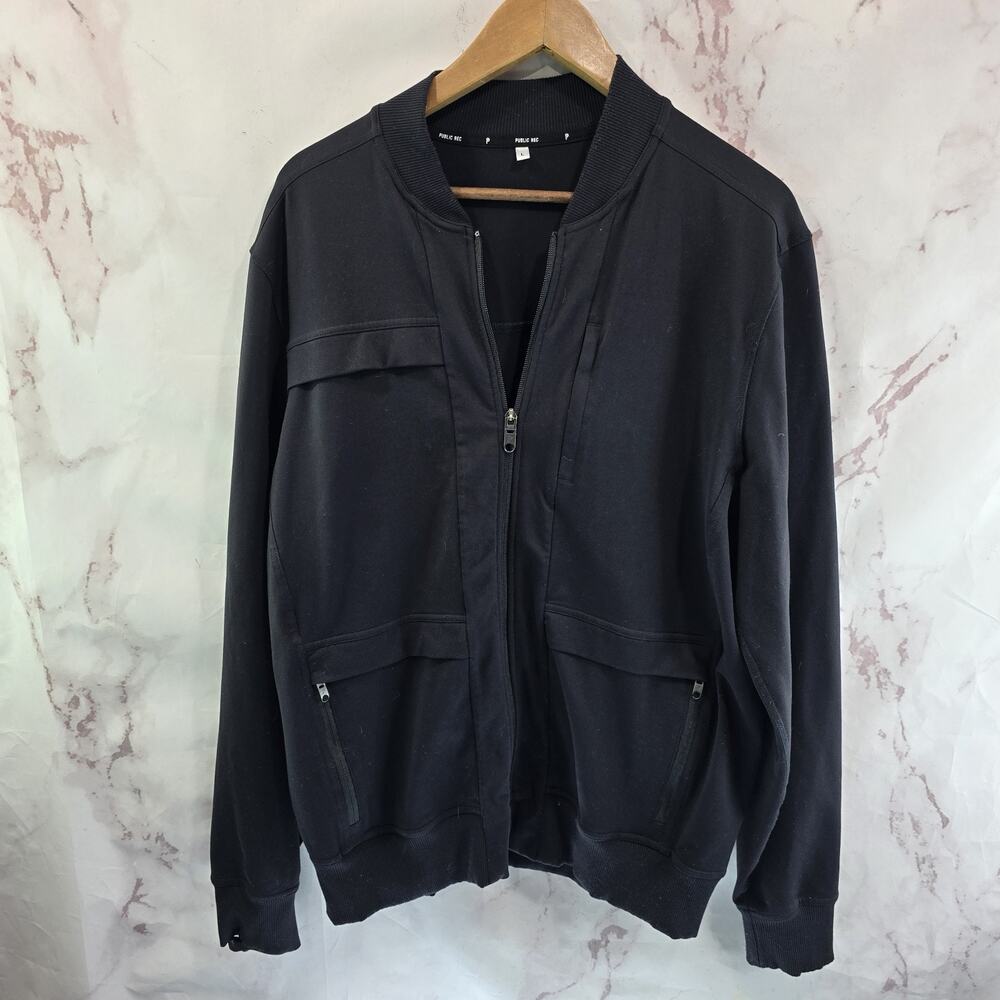 Public Rec Jacket Mens Large Black Zip Bomber Crosstown Stretchy Commuter Tech